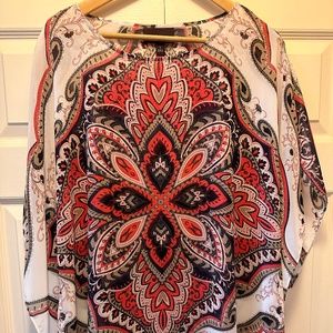 Dana Buchman, L, multicolored (red, black, white), sheer polyester, caftan top